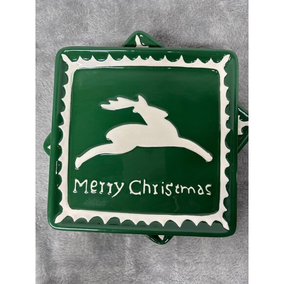 Ceramic Green Square Dessert Plate Reindeer Merry Christmas Holiday Rudolph - 6 - Picture 1 of 5